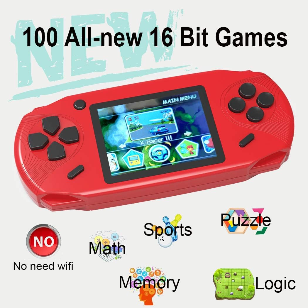 16 Bit Handheld Games for Kids Adults 3.0'' Large Screen Preloaded 100 HD Classic Retro Video Games USB Rechargeable Seniors Electronic Game Player Birthday Xmas Present (Red)