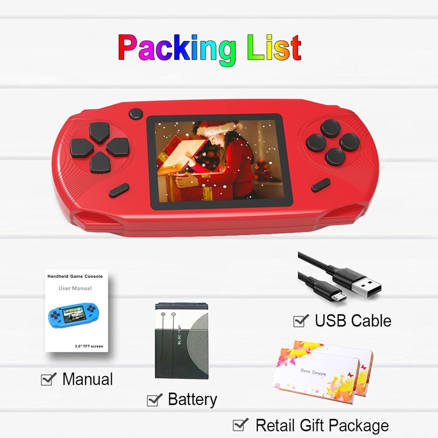 16 Bit Handheld Games for Kids Adults 3.0'' Large Screen Preloaded 100 HD Classic Retro Video Games USB Rechargeable Seniors Electronic Game Player Birthday Xmas Present (Red)