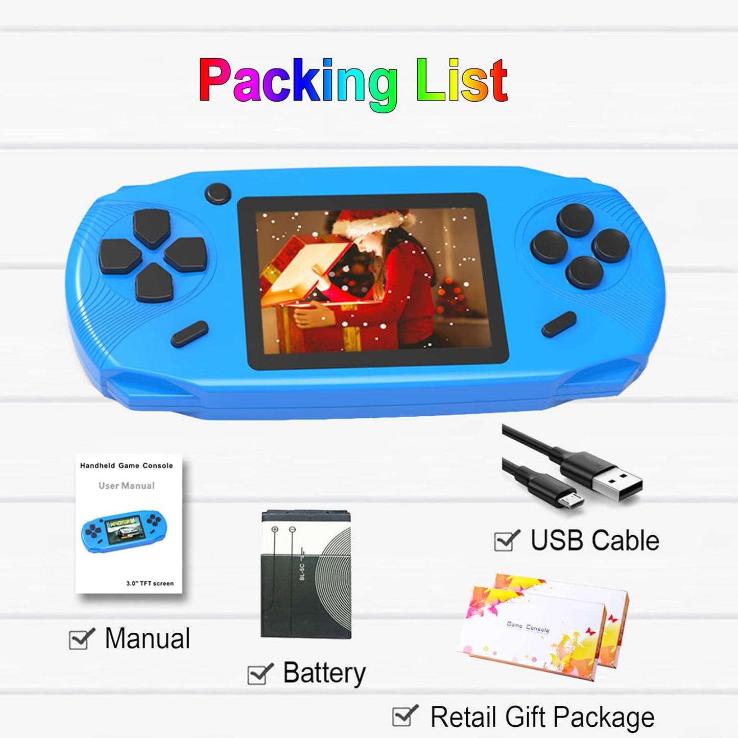 16 Bit Handheld Games for Kids Adults 3.0'' Large Screen Preloaded 100 HD Classic Retro Video Games USB Rechargeable Seniors Electronic Game Player Birthday Xmas Present (Blue)